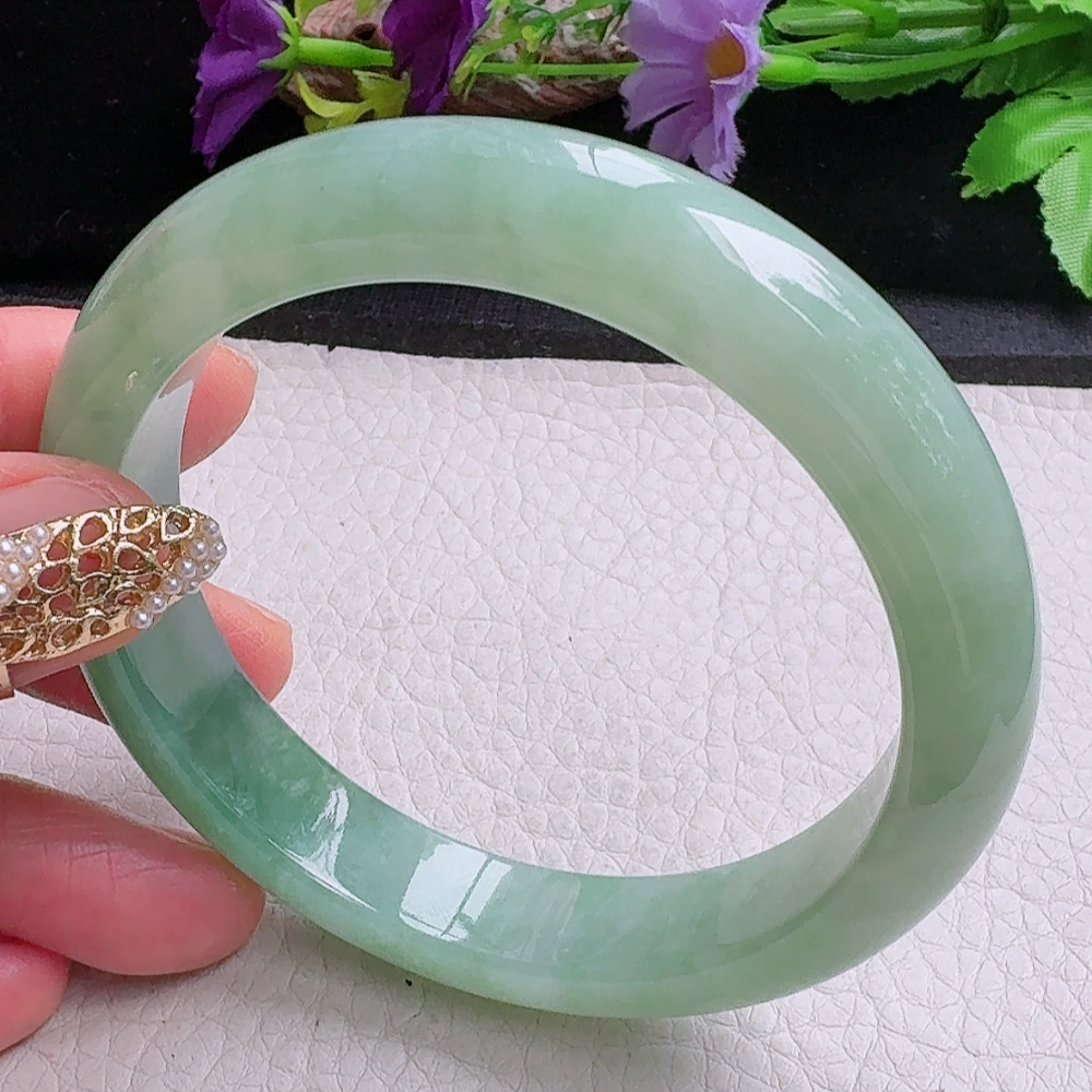 yh大圈口60.5*12.5*8.5平安镯 缅甸翡翠a货手镯冰晴绿正圈玉镯子