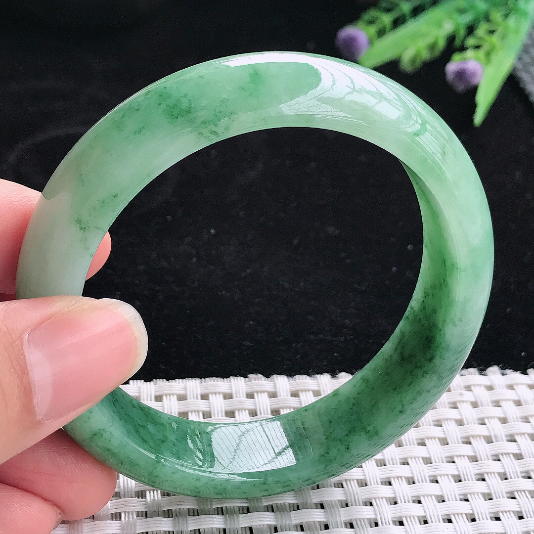 实拍A货翡翠57/15.5/8.5老坑冰润起胶飘花手镯翡翠玉镯平安镯