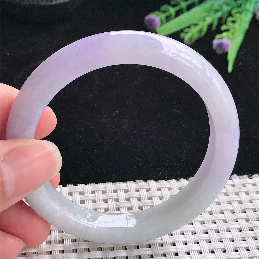 实拍A货翡翠55/10.3/8.5老坑精美冰润紫罗兰手镯宽边玉镯平安镯