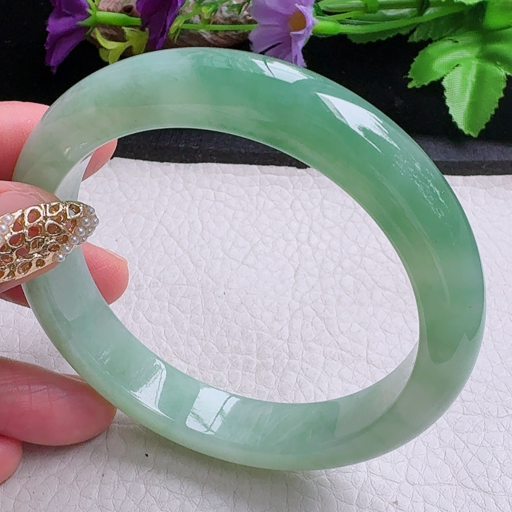 yh大圈口60.5*12.5*8.5平安镯 缅甸翡翠a货手镯冰晴绿正圈玉镯子