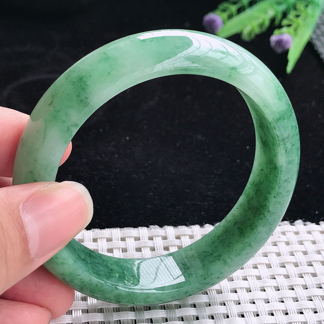 实拍A货翡翠57/15.5/8.5老坑冰润起胶飘花手镯翡翠玉镯平安镯