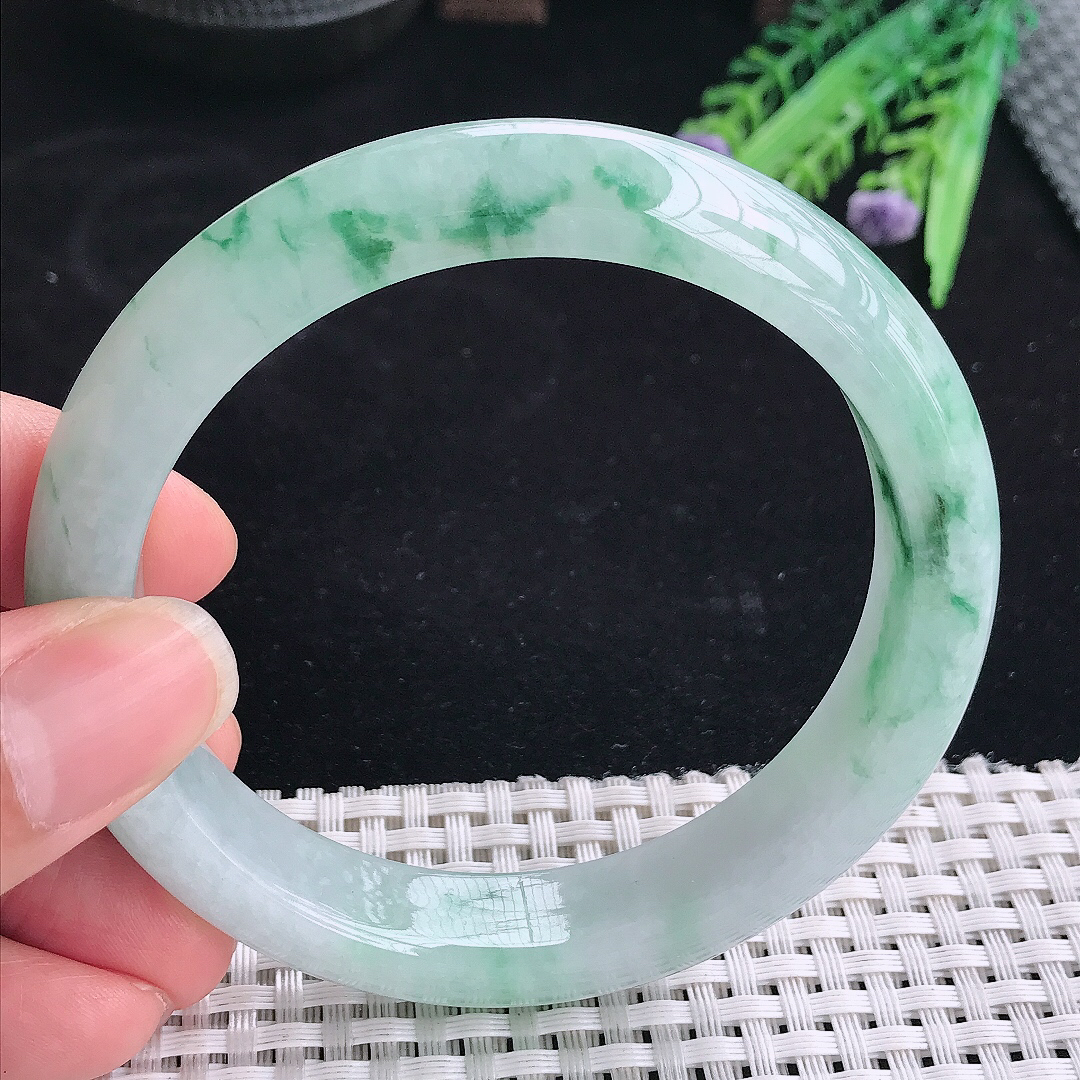 实拍A货翡翠62/12.9/8.8大圈口老坑冰胶冰飘花手镯翡翠玉镯平安镯