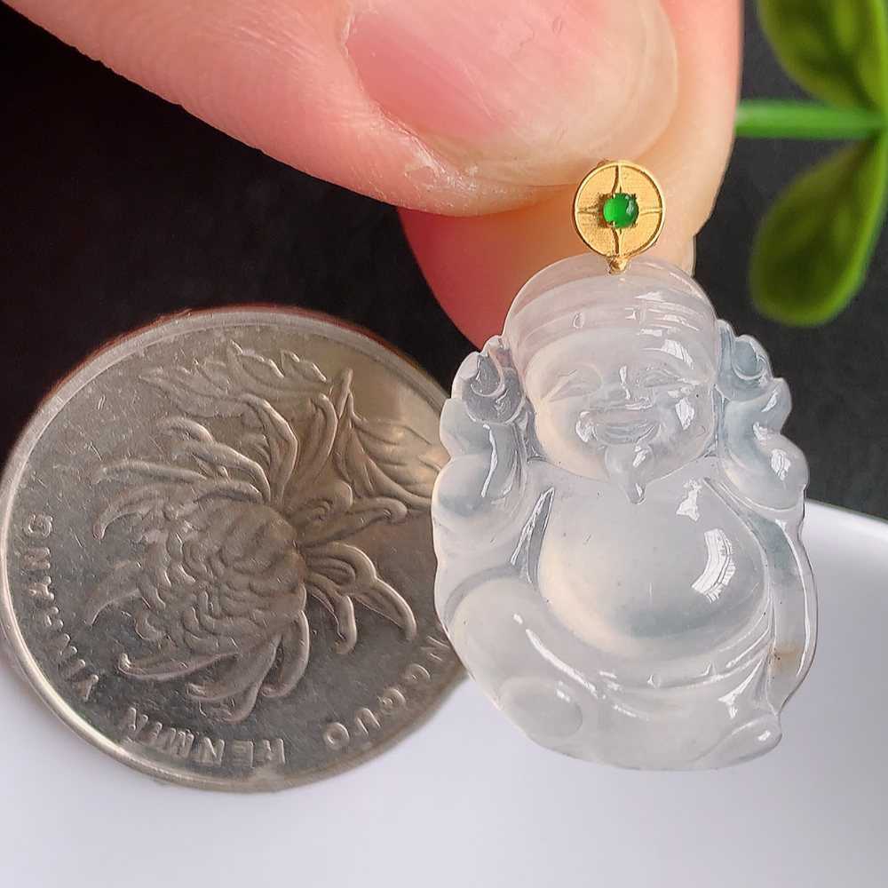 18k金扣冰润天然A货翡翠财神爷吊坠，W449.27尺寸21.6-13.2-4.8