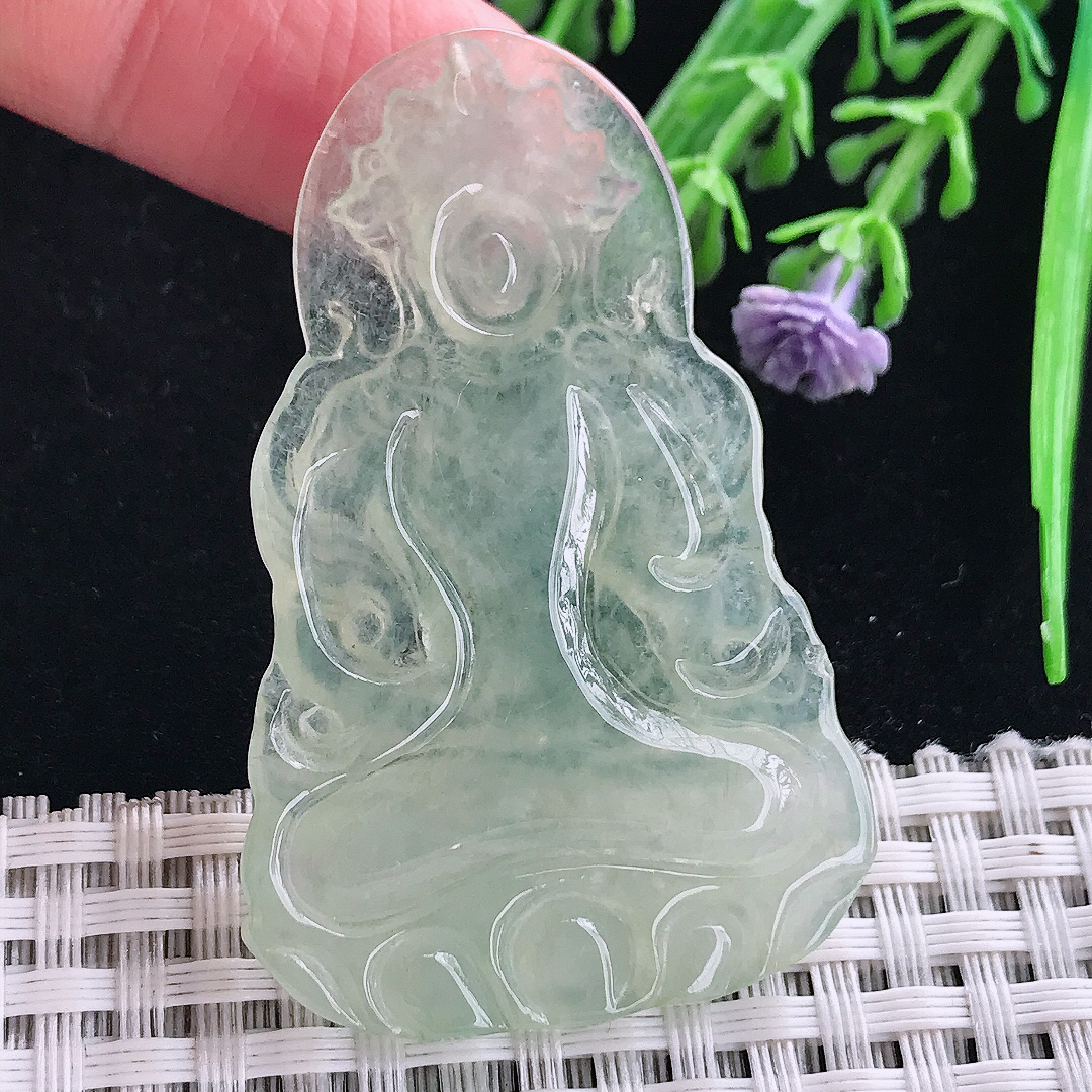 实拍A货翡翠52.8/34/4.8老坑冰胶冰晴绿度母菩萨吊坠翡翠玉坠挂件