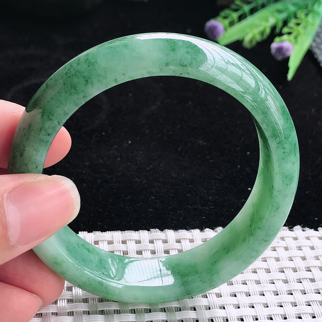 实拍A货翡翠57/15.5/8.5老坑冰润起胶飘花手镯翡翠玉镯平安镯