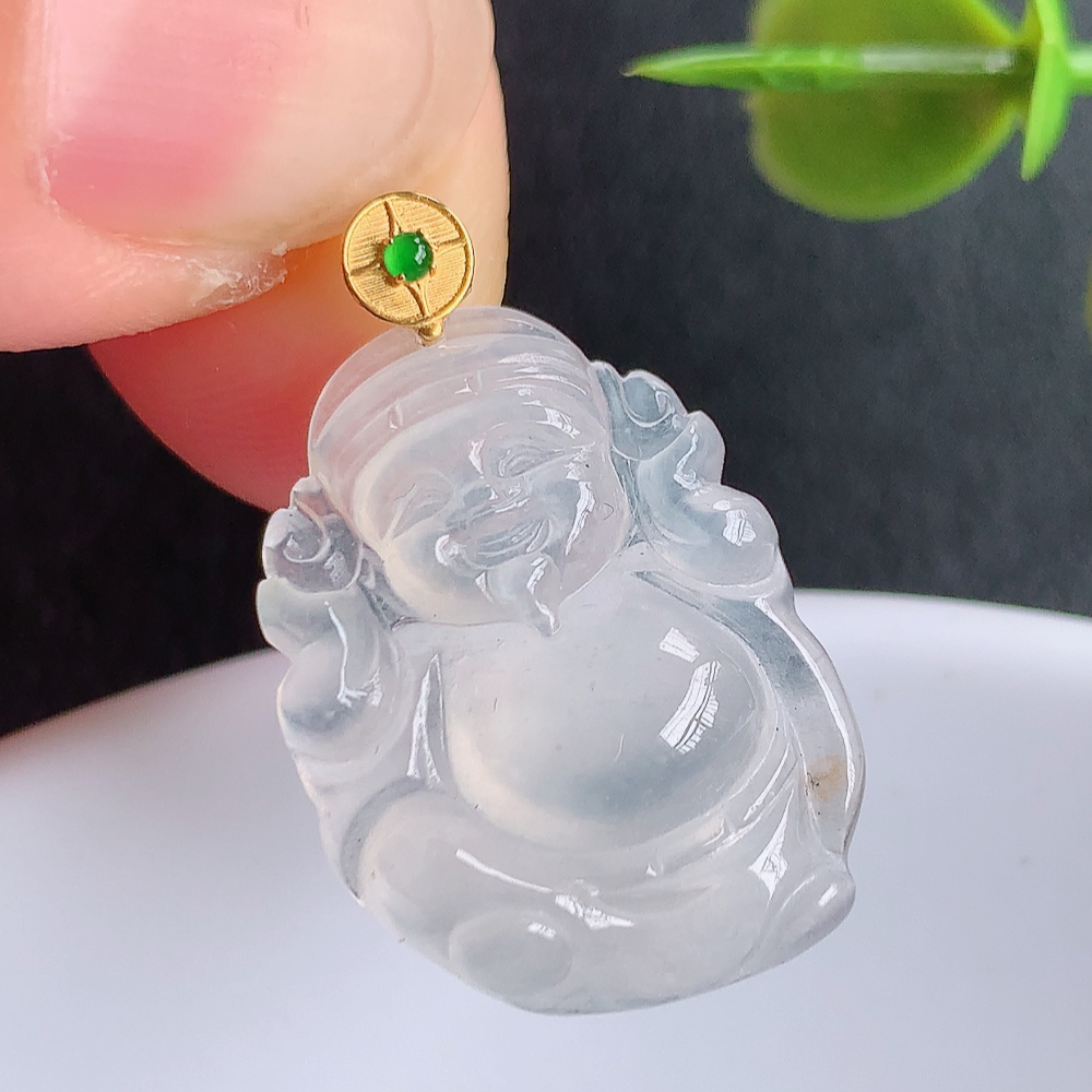 18k金扣冰润天然A货翡翠财神爷吊坠，W449.27尺寸21.6-13.2-4.8