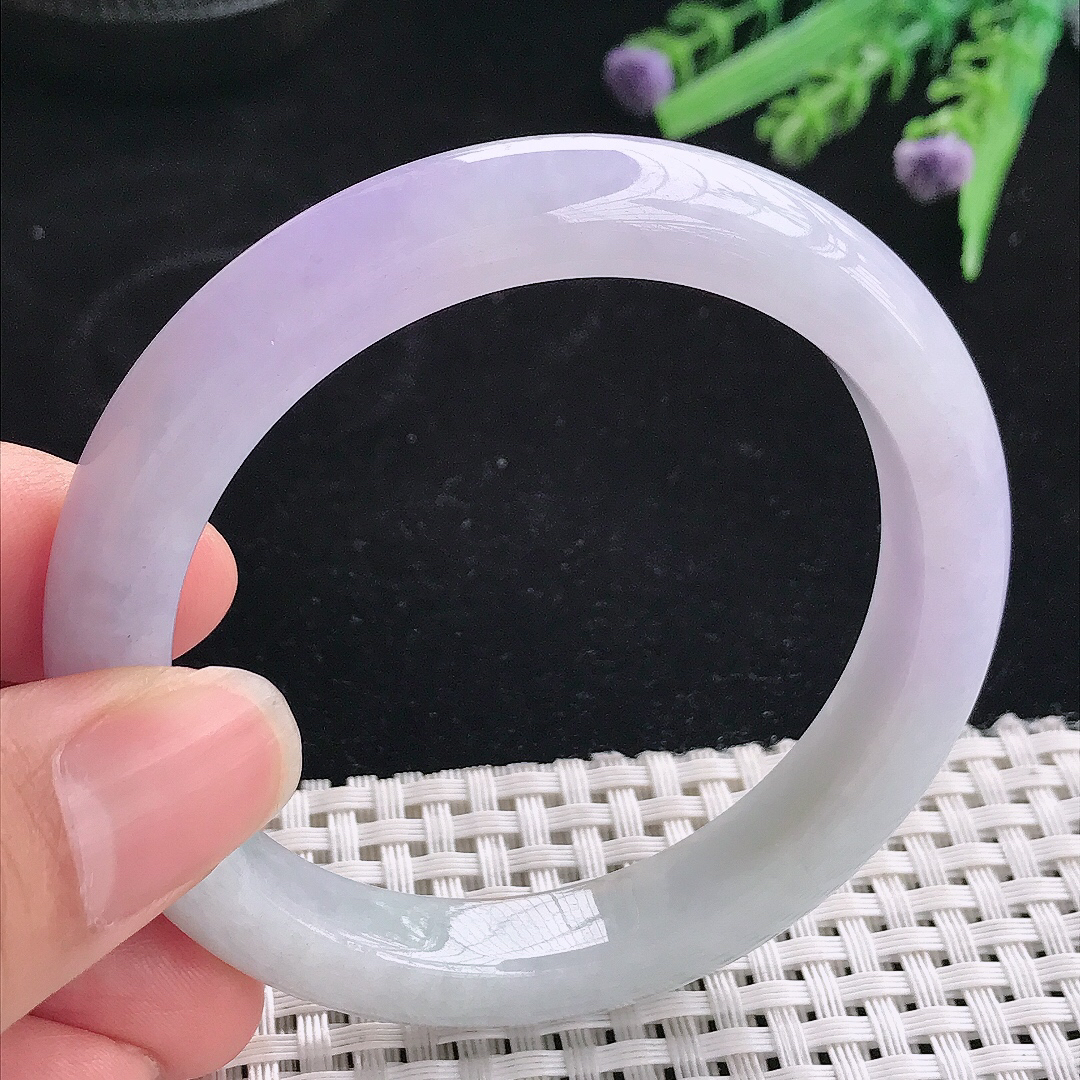 实拍A货翡翠55/10.3/8.5老坑精美冰润紫罗兰手镯宽边玉镯平安镯