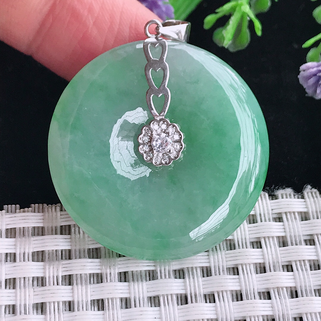 实拍A货翡翠33.8/6老坑18k金镶嵌满绿平安扣吊坠翡翠玉扣挂件