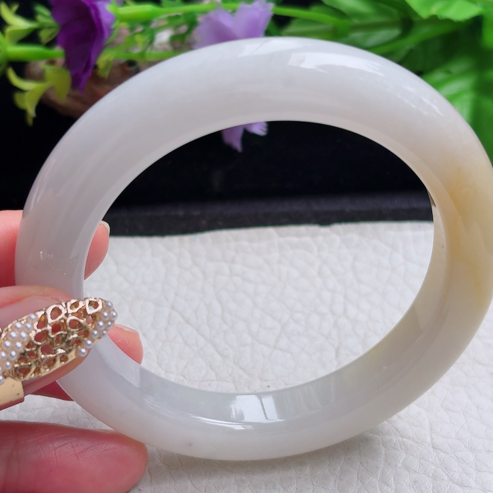 ss大圈口60*12.2*10.6招财镯 缅甸翡翠a货手镯半水冰黄正圈玉镯子