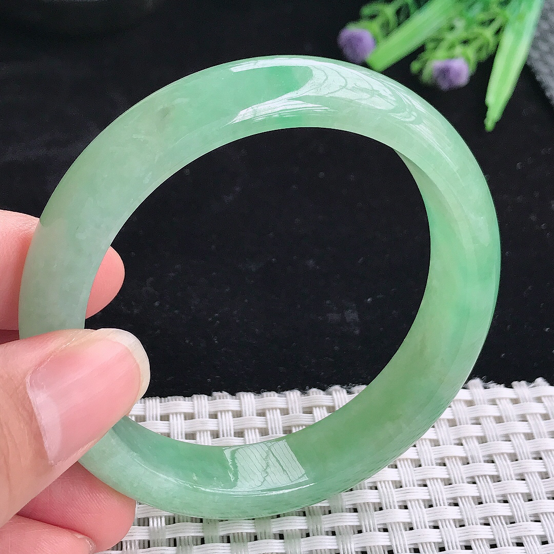 实拍A货翡翠57/13.6/8老坑冰胶果冻冰晴满绿手镯翡翠玉镯平安镯