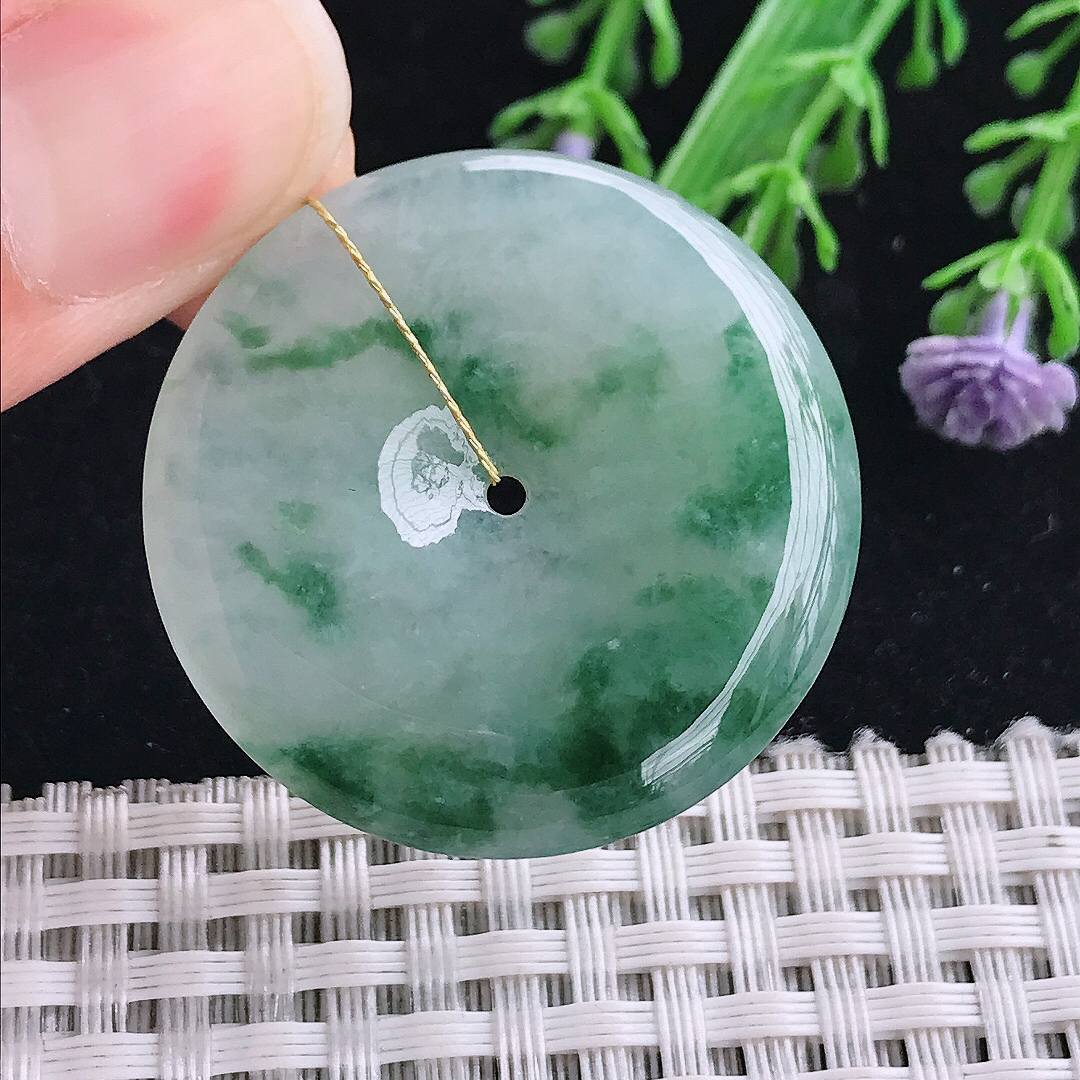 实拍A货翡翠34.7/5.6老坑冰胶飘花平安扣吊坠翡翠玉扣挂件