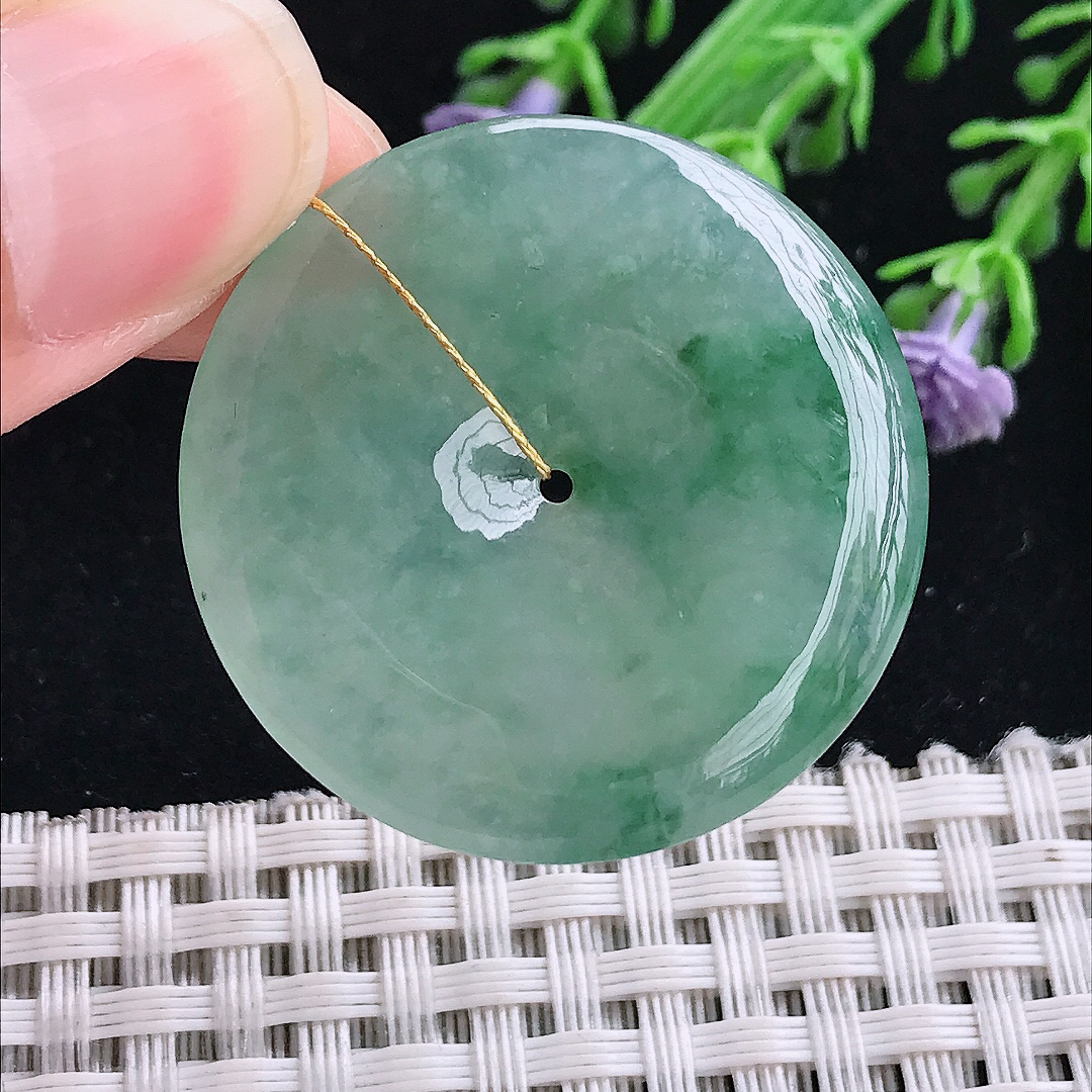 实拍A货翡翠33.3/5.2老坑冰胶冰晴绿飘花平安扣吊坠翡翠玉扣挂件