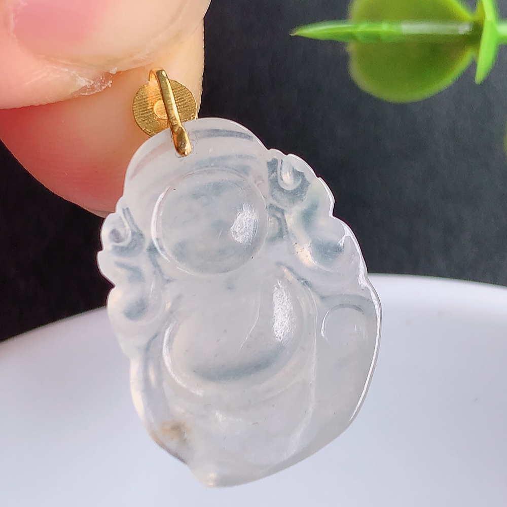 18k金扣冰润天然A货翡翠财神爷吊坠，W449.27尺寸21.6-13.2-4.8