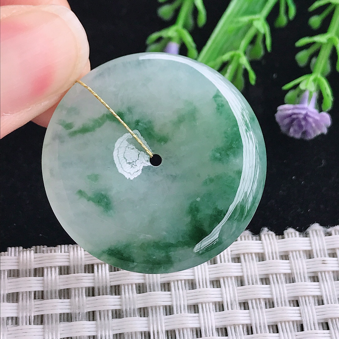 实拍A货翡翠34.7/5.6老坑冰胶飘花平安扣吊坠翡翠玉扣挂件