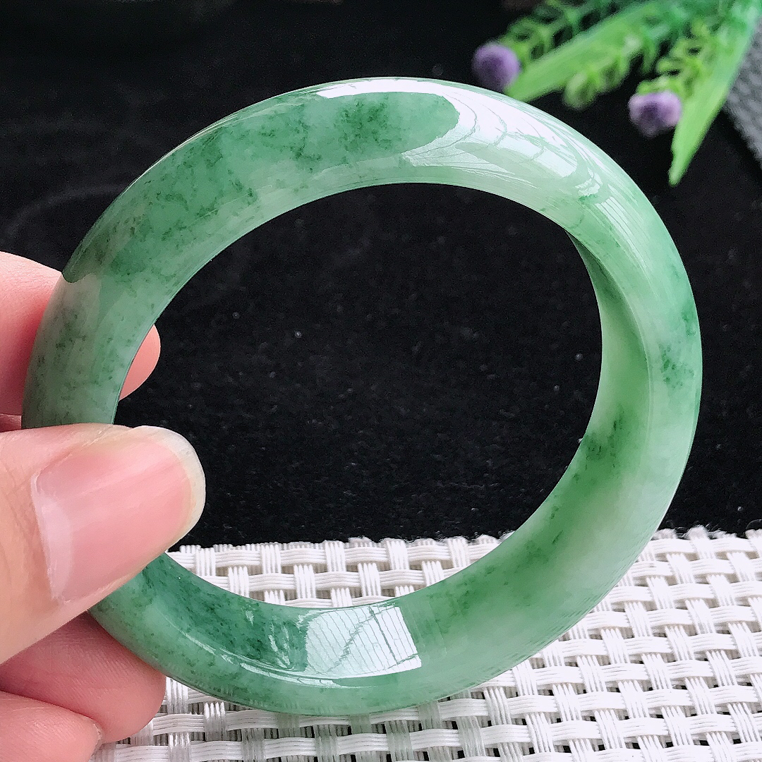 实拍A货翡翠57/15.5/8.5老坑冰润起胶飘花手镯翡翠玉镯平安镯