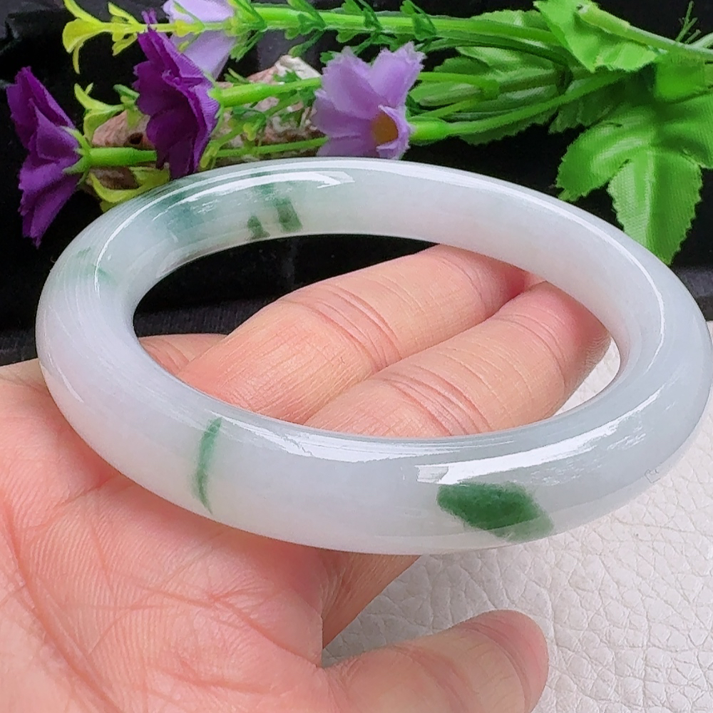 yh飘花款55*10.4*10.2美人镯 缅甸翡翠a货手镯冰飘花圆条玉镯子