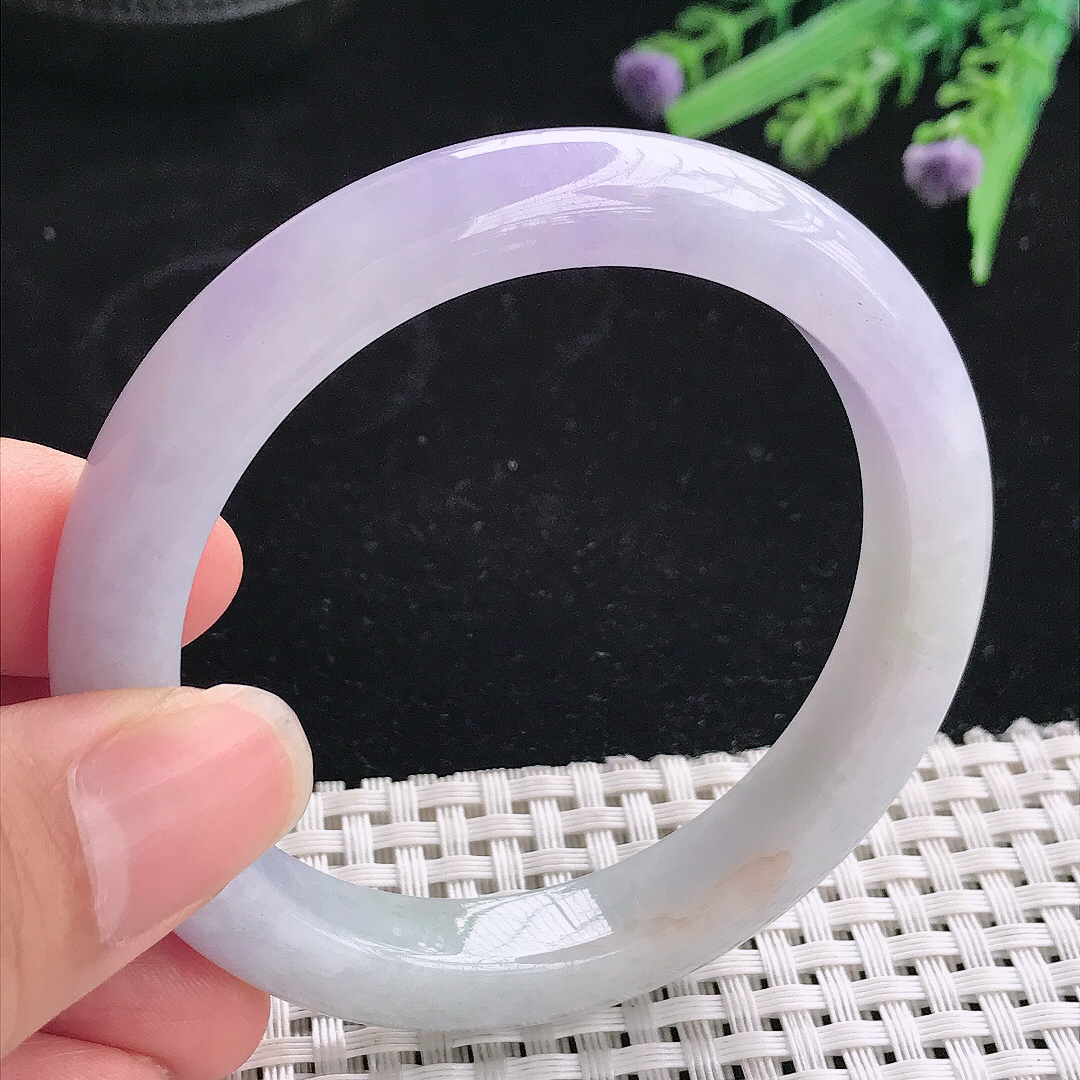 实拍A货翡翠55/10.3/8.5老坑精美冰润紫罗兰手镯宽边玉镯平安镯