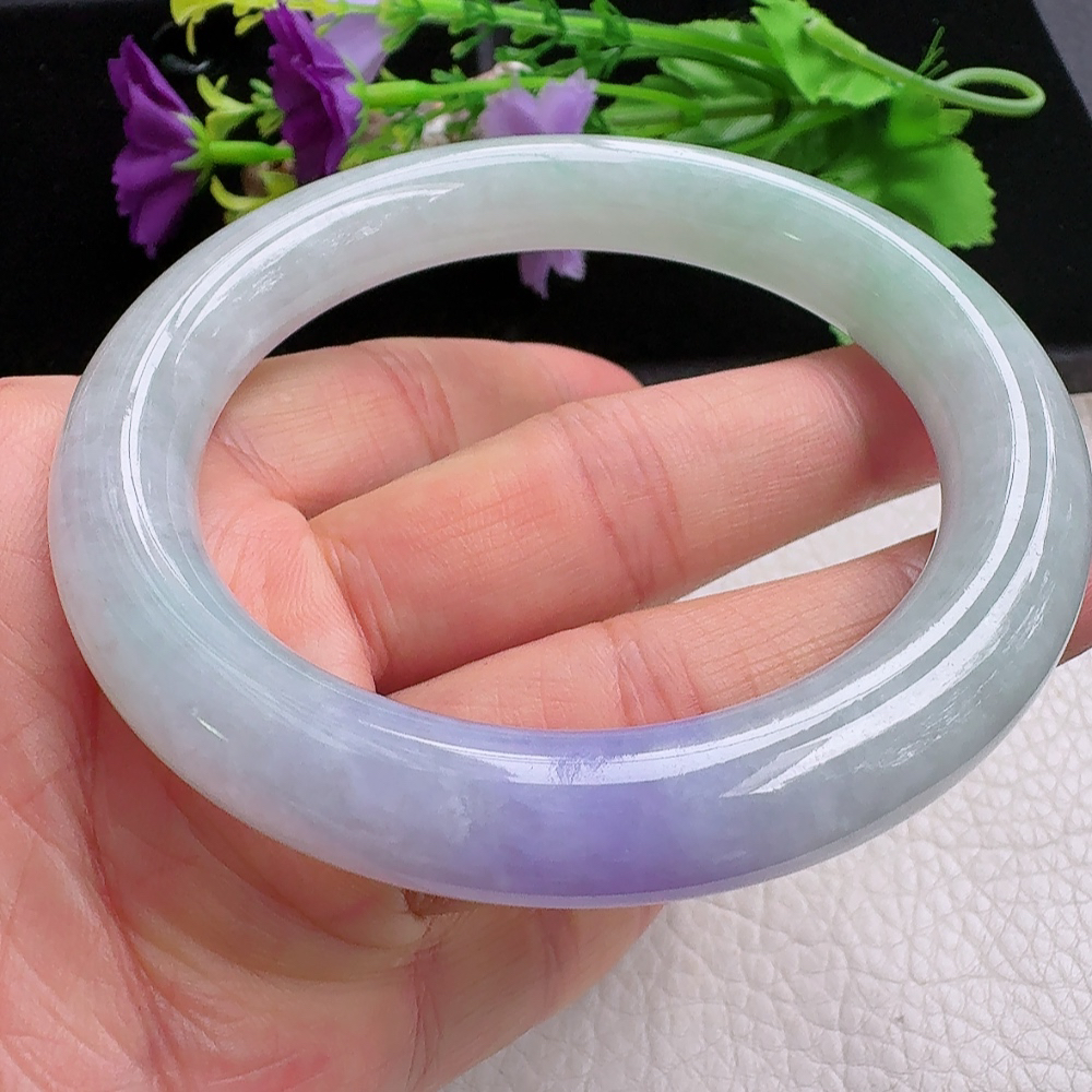 ss实拍59*11美人镯 缅甸翡翠a货手镯飘紫细润圆条玉镯子