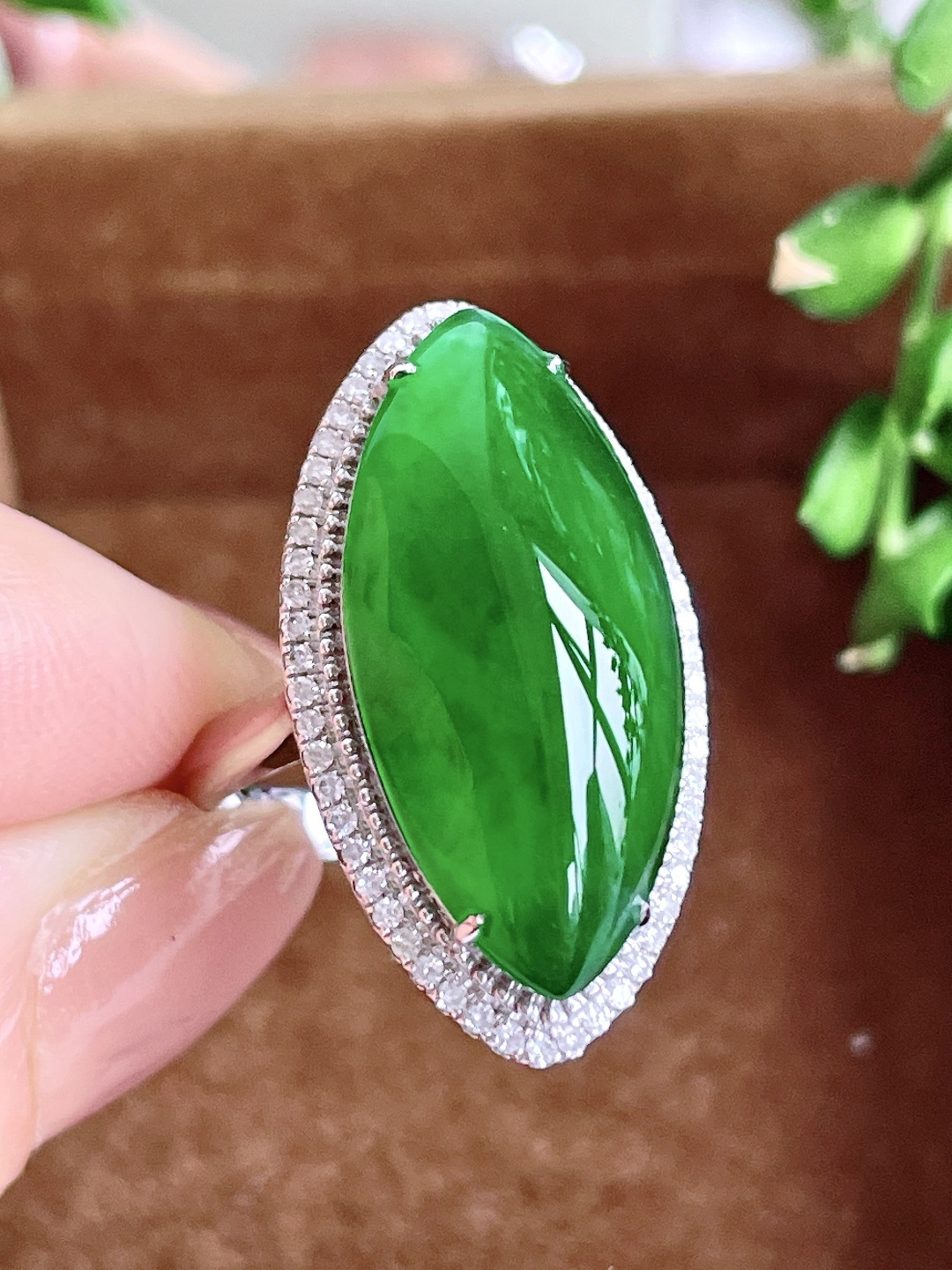 【镶嵌】冰辣绿马眼戒指，【说明】 18k金镶嵌 无裂 性比高，【整体】28-15-11，【裸石】24.5-12.3-6.4，【圈口】14.5号，【重量】6克