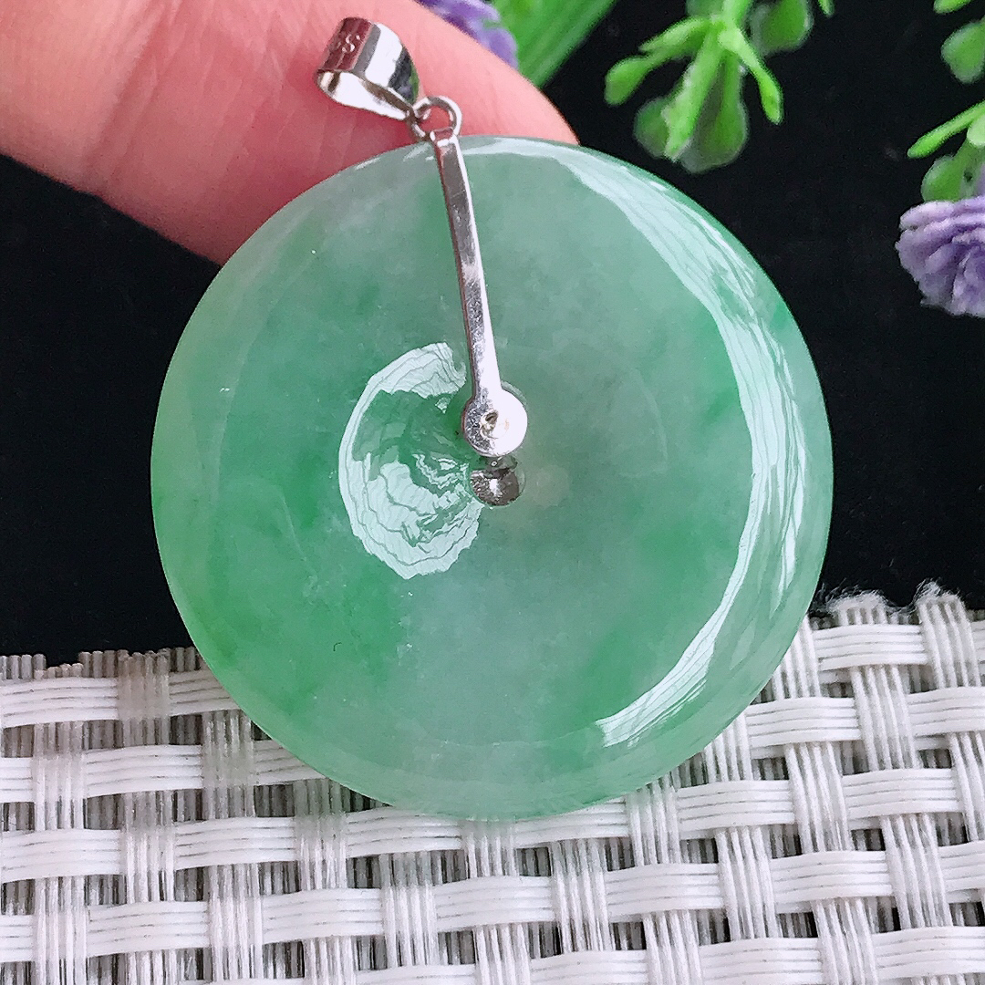 实拍A货翡翠33.8/6老坑18k金镶嵌满绿平安扣吊坠翡翠玉扣挂件