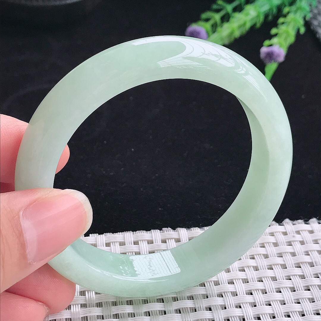 实拍A货翡翠55/12.7/8.5老坑冰润起胶冰晴绿手镯翡翠玉镯手环