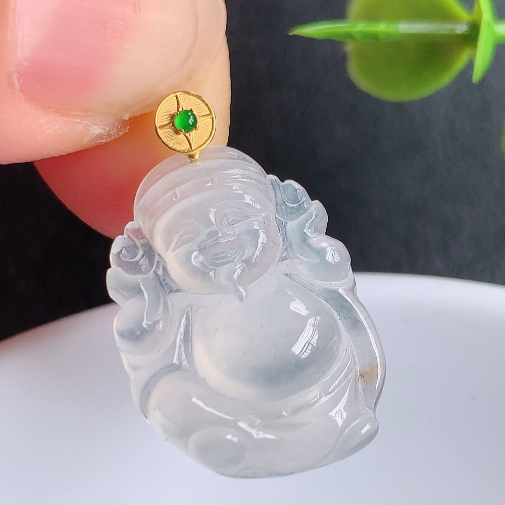 18k金扣冰润天然A货翡翠财神爷吊坠，W449.27尺寸21.6-13.2-4.8