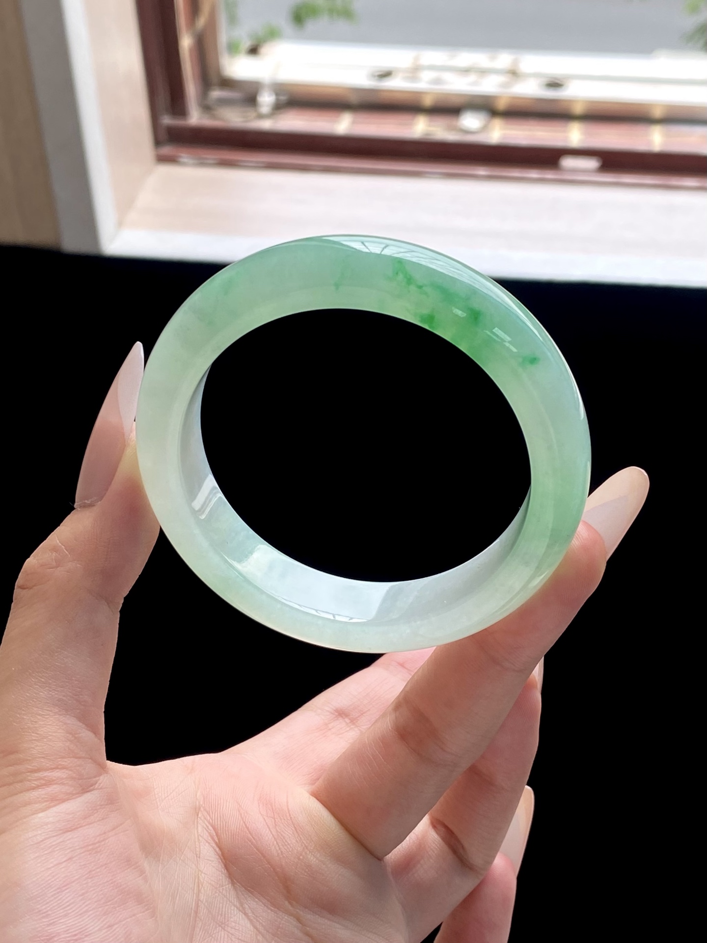 冰种白底青飘绿正圈成品，HYC-435，⭕️56.4-13.5-9.3