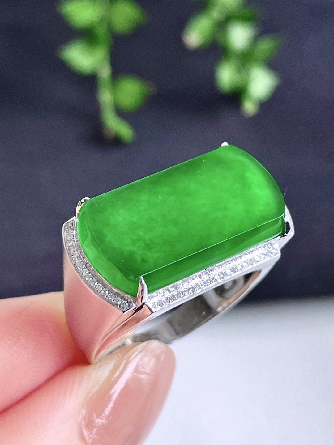 冰辣绿马鞍戒指，18k金镶嵌，无裂，性比高，20.8/11.5/2.8，20.5号，6.3克