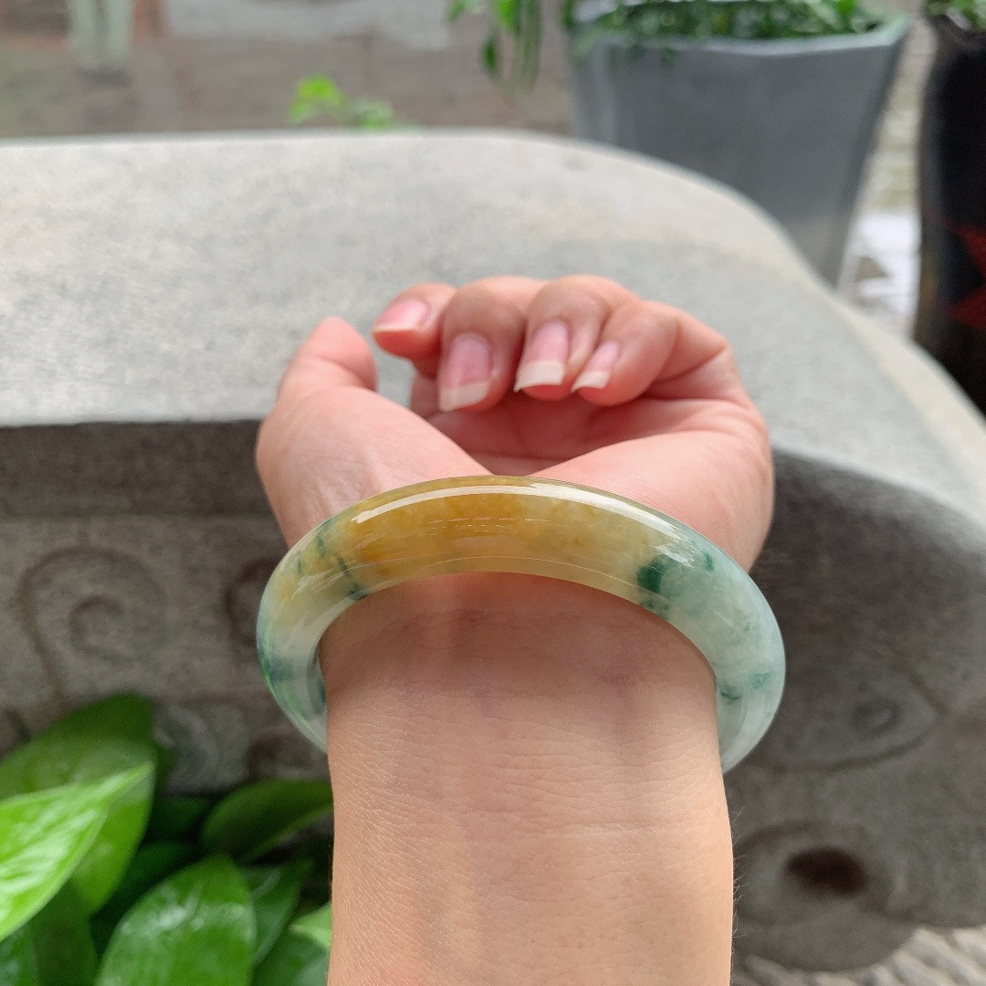 圈口 56.7-11.8-8.8【飘花黄翡正圈手镯】正圈56 57可戴