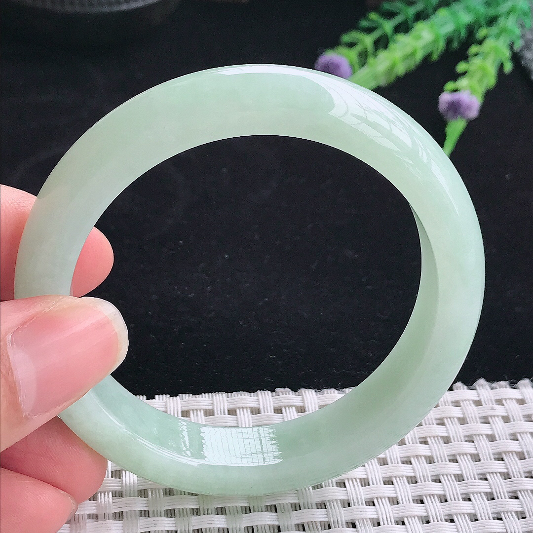 实拍A货翡翠55/12.7/8.5老坑冰润起胶冰晴绿手镯翡翠玉镯手环