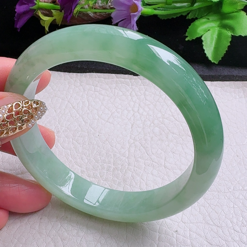 yh大圈口60.5*12.5*8.5平安镯 缅甸翡翠a货手镯冰晴绿正圈玉镯子