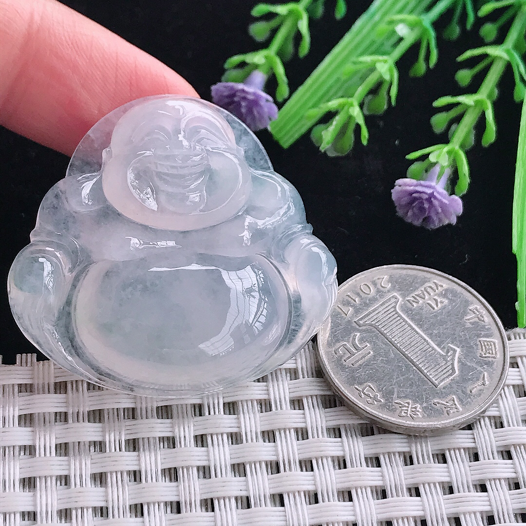 实拍A货翡翠38/41.3/8.6老坑冰种起胶白冰大佛公吊坠翡翠玉坠挂件