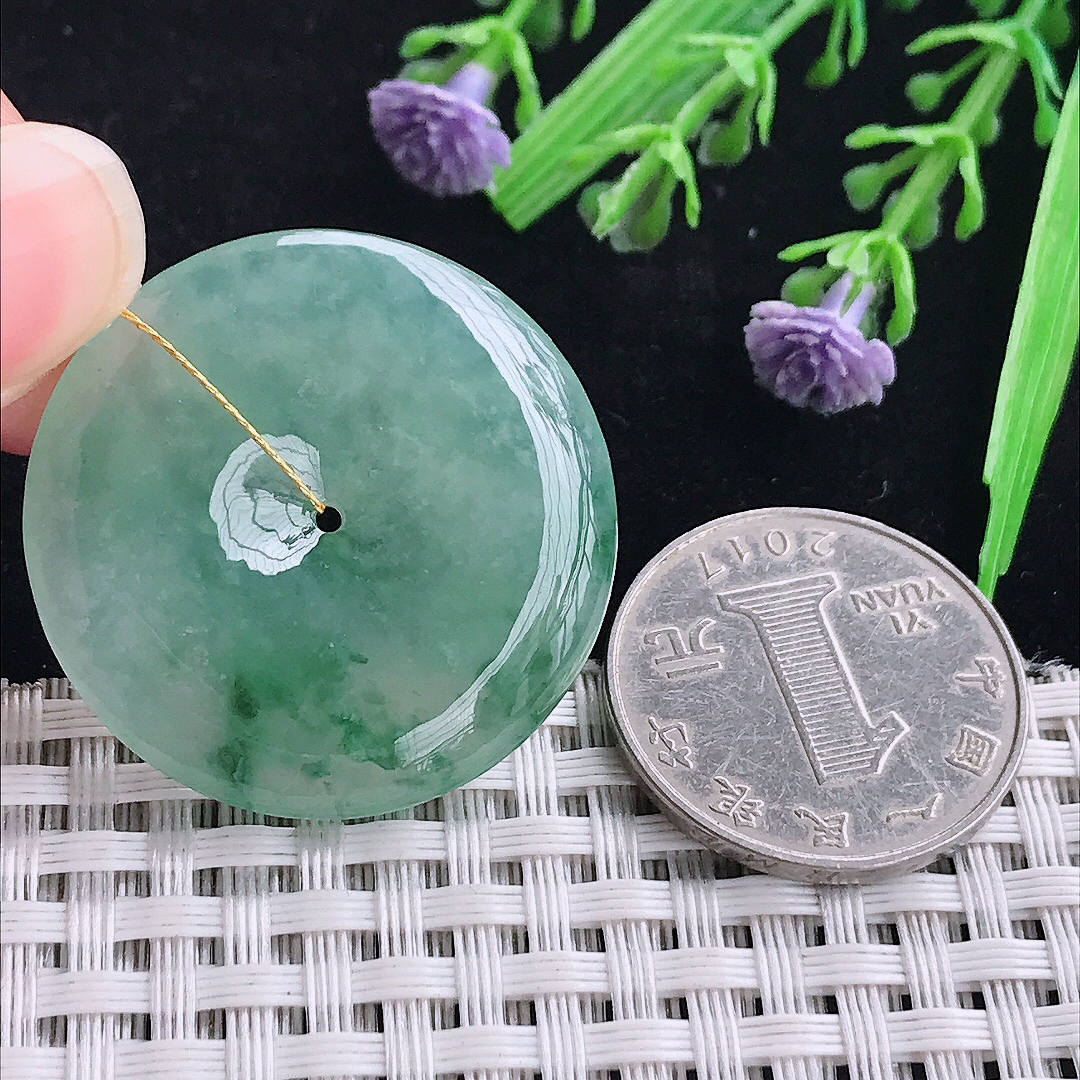 实拍A货翡翠33.3/5.2老坑冰胶冰晴绿飘花平安扣吊坠翡翠玉扣挂件