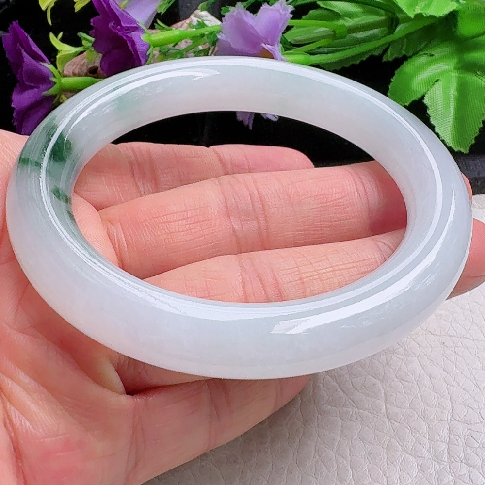 yh飘花款55*10.4*10.2美人镯 缅甸翡翠a货手镯冰飘花圆条玉镯子