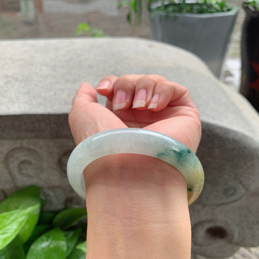 圈口 56.7-11.8-8.8【飘花黄翡正圈手镯】正圈56 57可戴