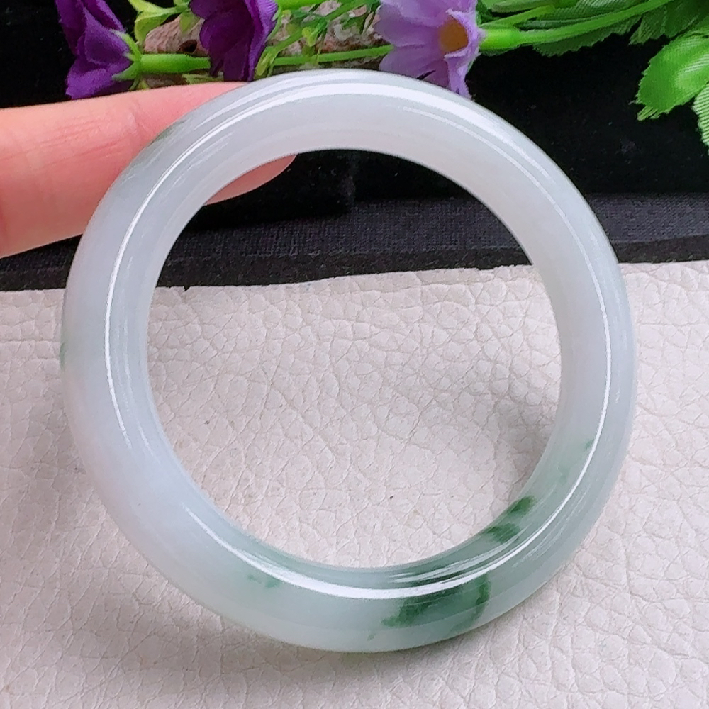 yh飘花款55*10.4*10.2美人镯 缅甸翡翠a货手镯冰飘花圆条玉镯子