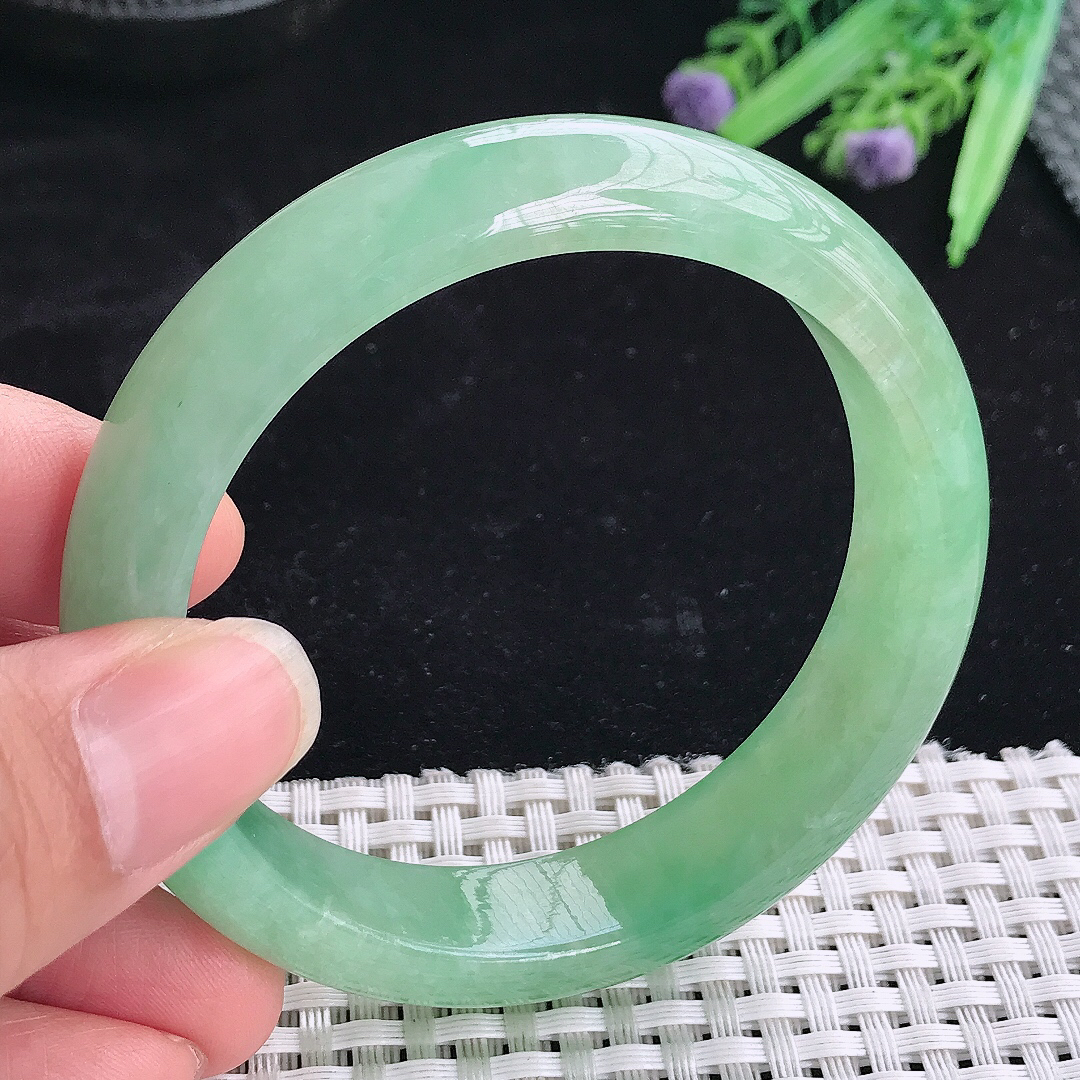 实拍A货翡翠57/13.6/8老坑冰胶果冻冰晴满绿手镯翡翠玉镯平安镯