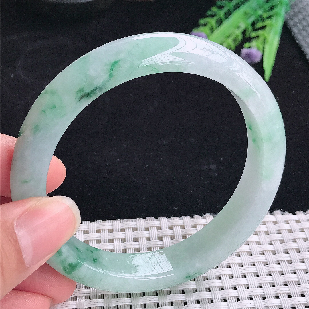实拍A货翡翠62/12.9/8.8大圈口老坑冰胶冰飘花手镯翡翠玉镯平安镯