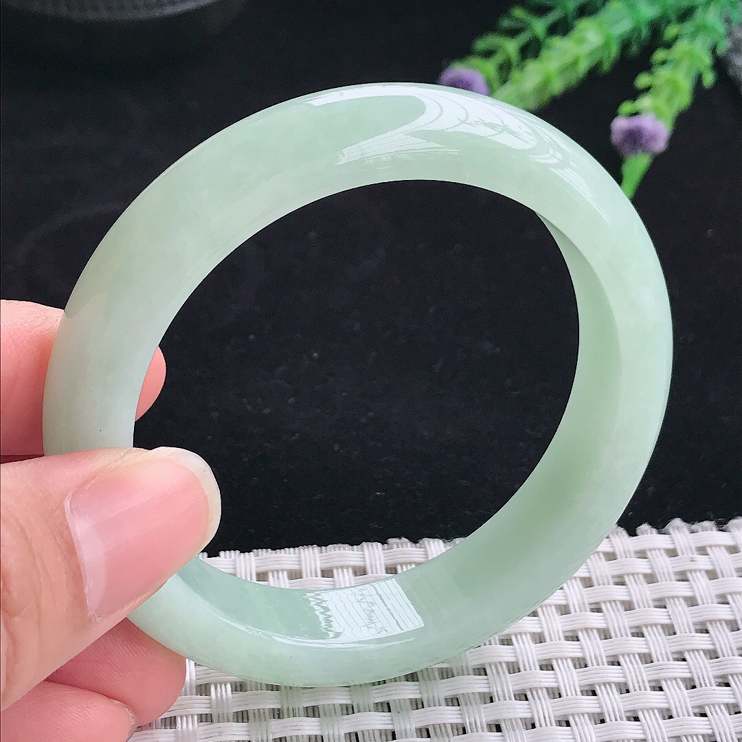 实拍A货翡翠55/12.7/8.5老坑冰润起胶冰晴绿手镯翡翠玉镯手环