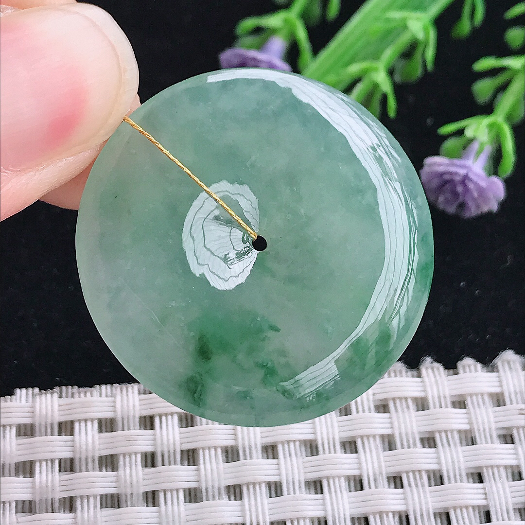 实拍A货翡翠33.3/5.2老坑冰胶冰晴绿飘花平安扣吊坠翡翠玉扣挂件