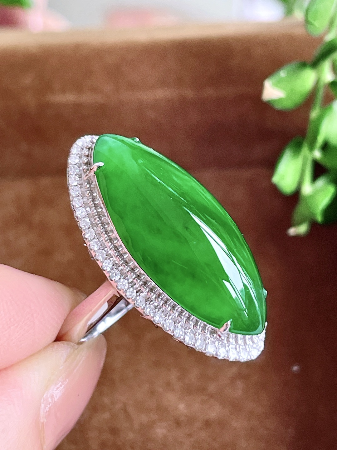 【镶嵌】冰辣绿马眼戒指，【说明】 18k金镶嵌 无裂 性比高，【整体】28-15-11，【裸石】24.5-12.3-6.4，【圈口】14.5号，【重量】6克