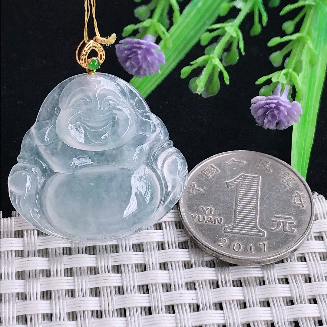 实拍A货翡翠29.8/31.8/5.5老坑18k金镶嵌冰种佛公吊坠翡翠玉坠挂件