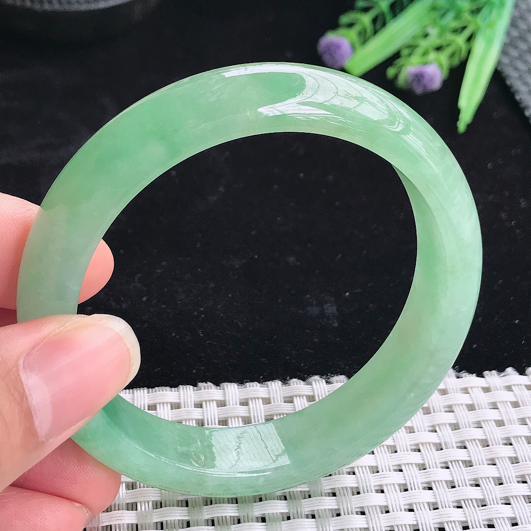 实拍A货翡翠57/13.6/8老坑冰胶果冻冰晴满绿手镯翡翠玉镯平安镯