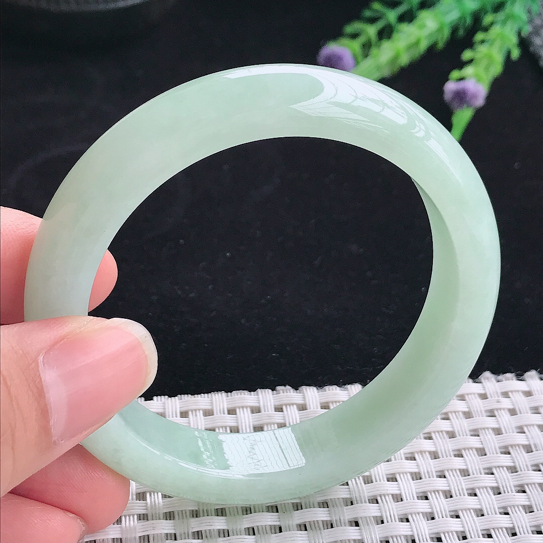 实拍A货翡翠55/12.7/8.5老坑冰润起胶冰晴绿手镯翡翠玉镯手环