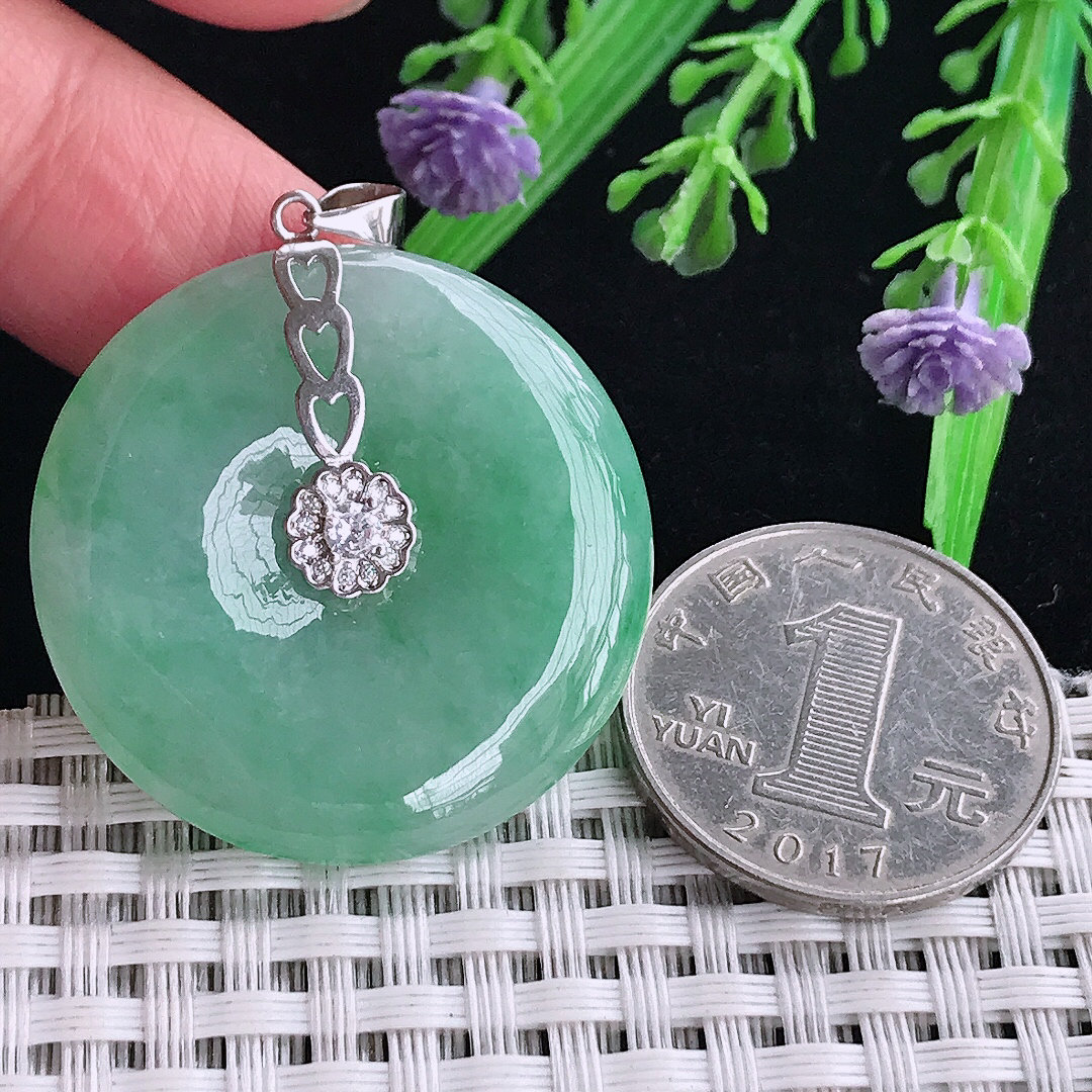 实拍A货翡翠33.8/6老坑18k金镶嵌满绿平安扣吊坠翡翠玉扣挂件