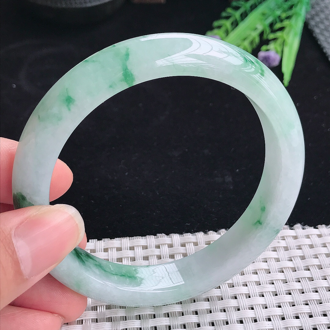 实拍A货翡翠62/12.9/8.8大圈口老坑冰胶冰飘花手镯翡翠玉镯平安镯
