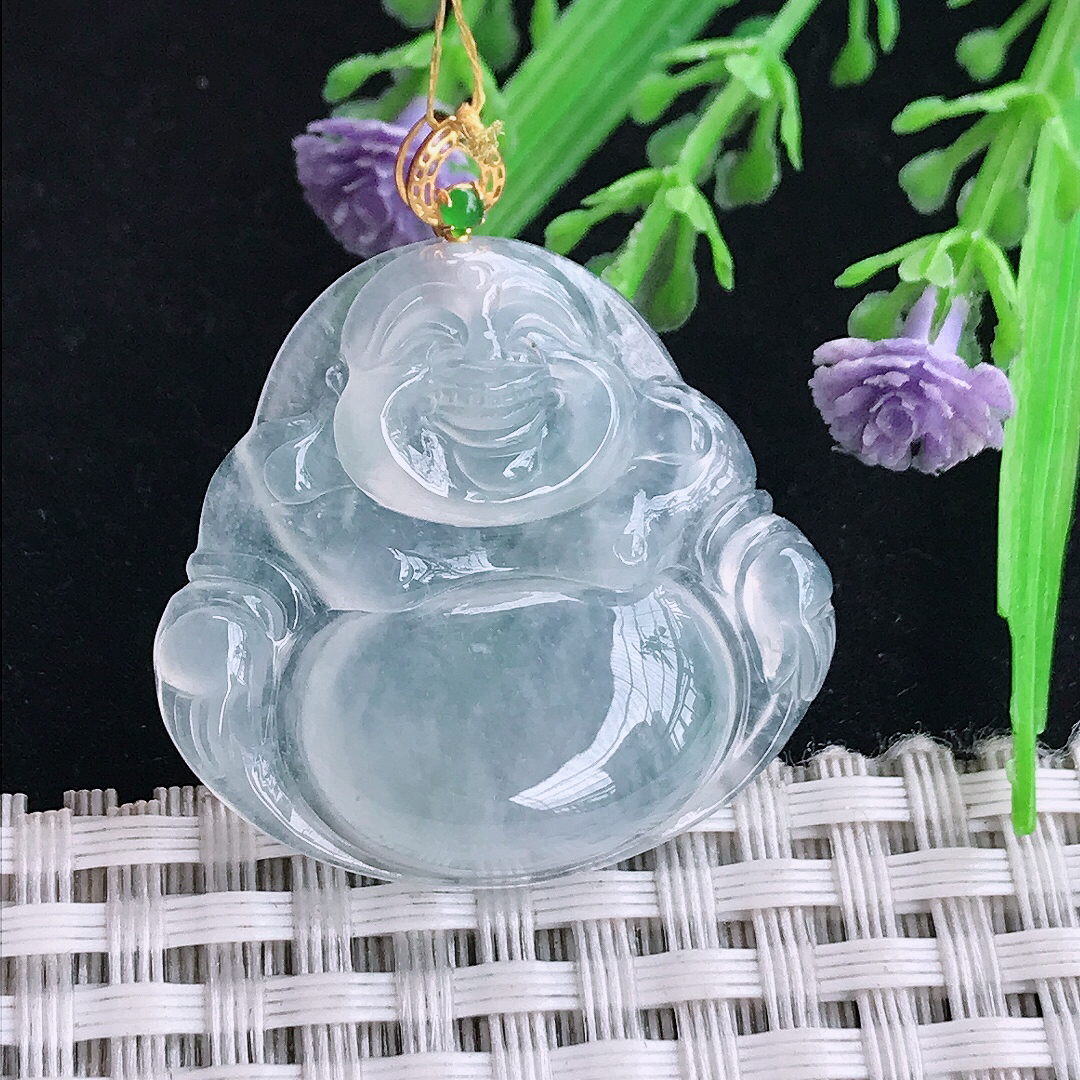 实拍A货翡翠29.8/31.8/5.5老坑18k金镶嵌冰种佛公吊坠翡翠玉坠挂件