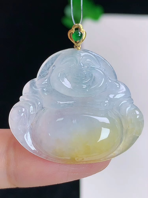 18k金镶冰黄翡笑佛，无裂，尺寸26/30.5/5.5，№:y2772  20