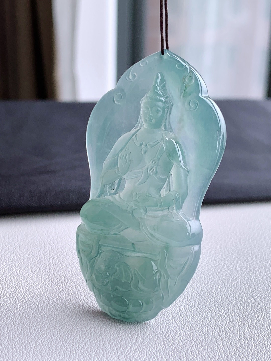 冰天空蓝观音牌吊坠，无裂，性比高，尺寸62.3/33.7/5.6，编号，21.3克