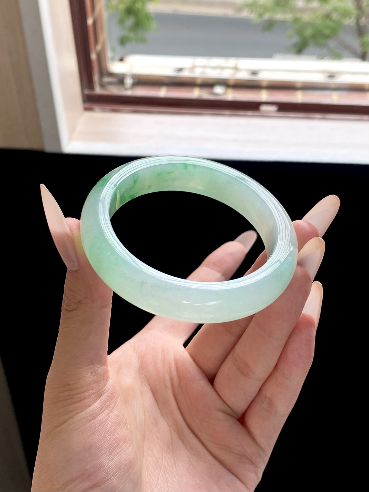 冰种白底青飘绿正圈成品，HYC-435，⭕️56.4-13.5-9.3